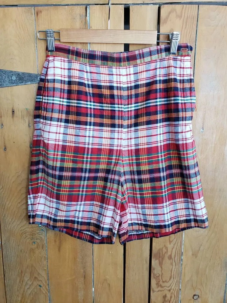1960s Cotton Print Shorts Red Blue Green White / 60s High Waisted Shorts with Pocket / Medium / Calliope