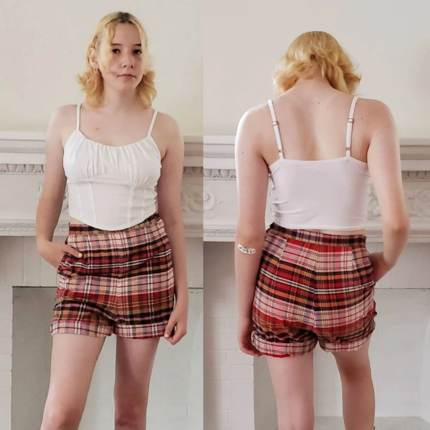 1960s Cotton Print Shorts Red Blue Green White / 60s High Waisted Shorts with Pocket / Medium / Calliope