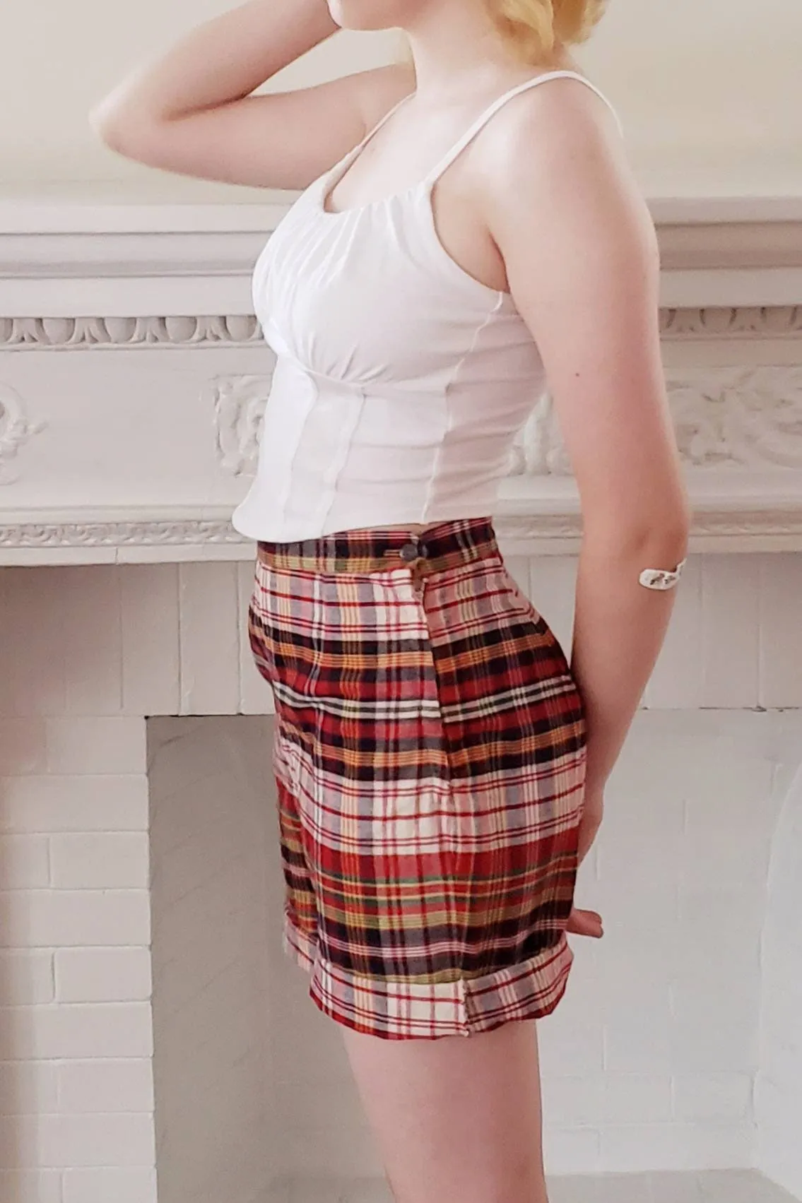 1960s Cotton Print Shorts Red Blue Green White / 60s High Waisted Shorts with Pocket / Medium / Calliope