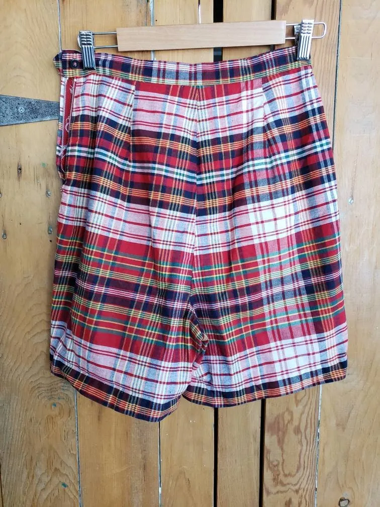 1960s Cotton Print Shorts Red Blue Green White / 60s High Waisted Shorts with Pocket / Medium / Calliope