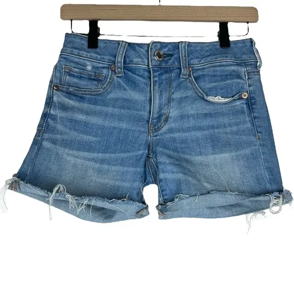 AMERICAN EAGLE Midi Jean Shorts Distressed Cut Off Super Super Stretch Size 4