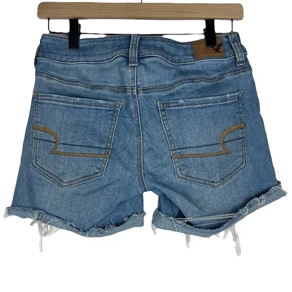 AMERICAN EAGLE Midi Jean Shorts Distressed Cut Off Super Super Stretch Size 4