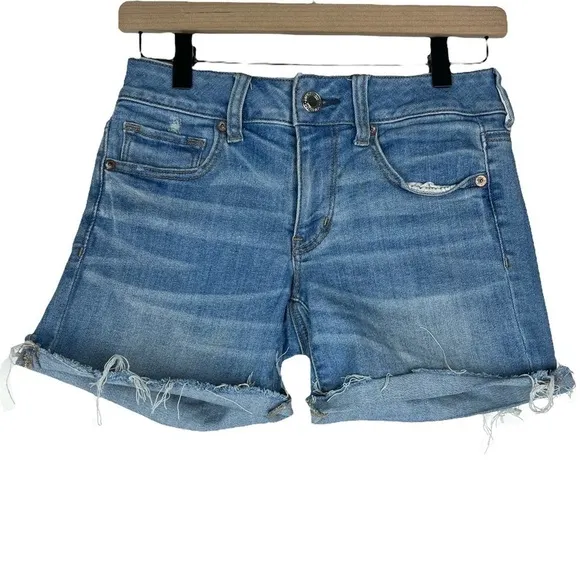 AMERICAN EAGLE Midi Jean Shorts Distressed Cut Off Super Super Stretch Size 4
