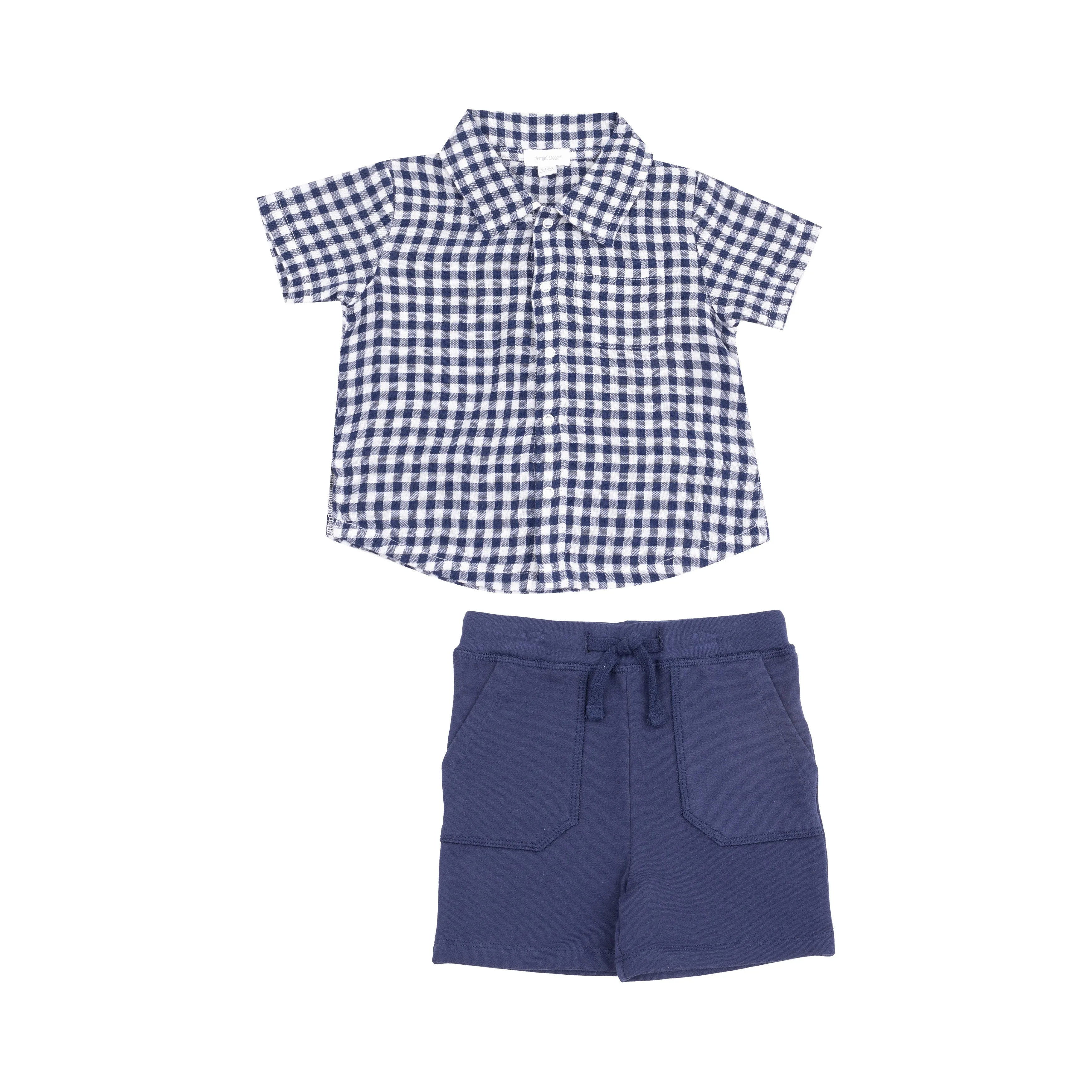 Angel Dear || Navy Gingham Button Down Polo & Short Set