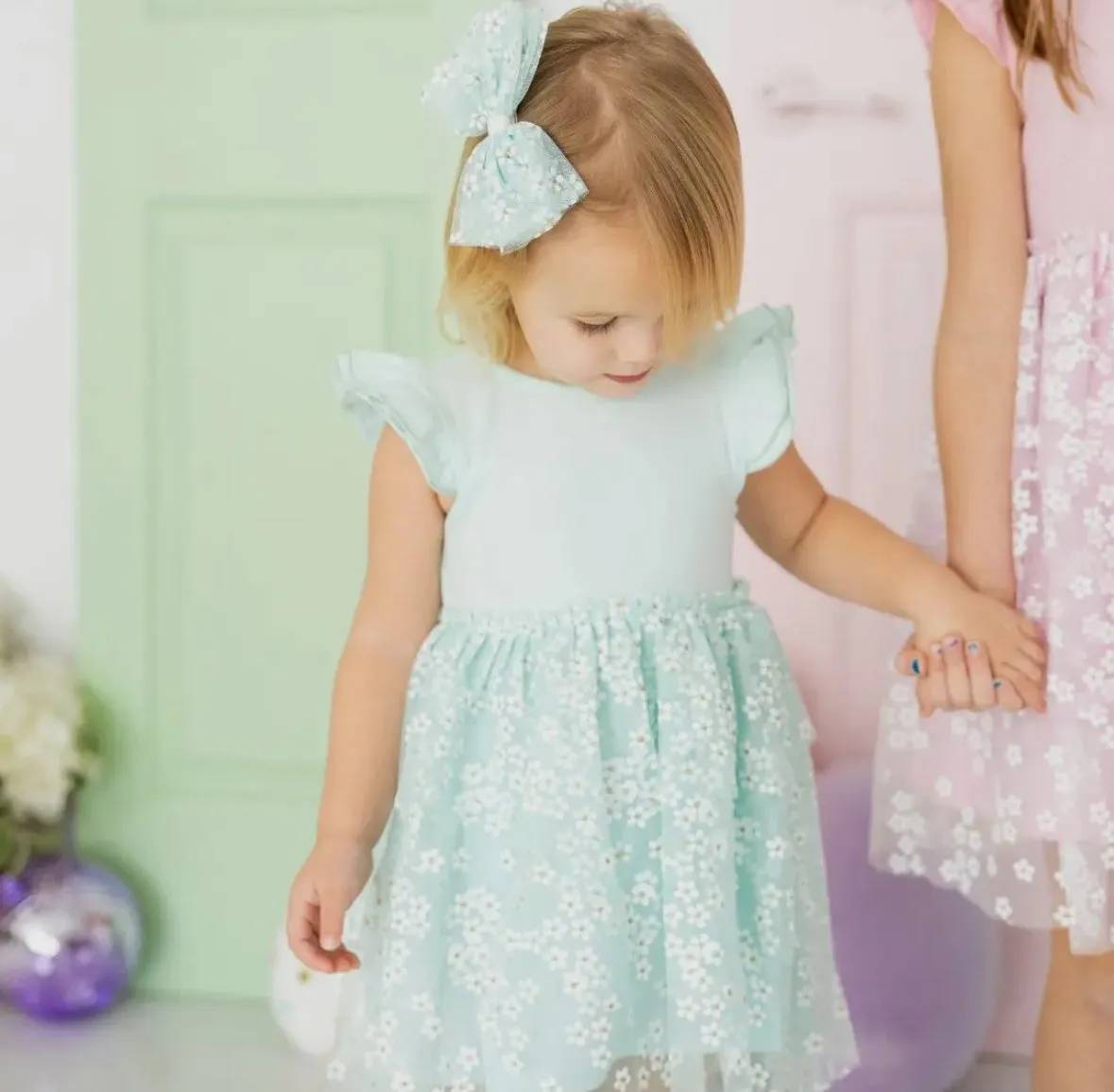 Aqua Ditsy Daisy Tiered Short Sleeve Tutu Dress