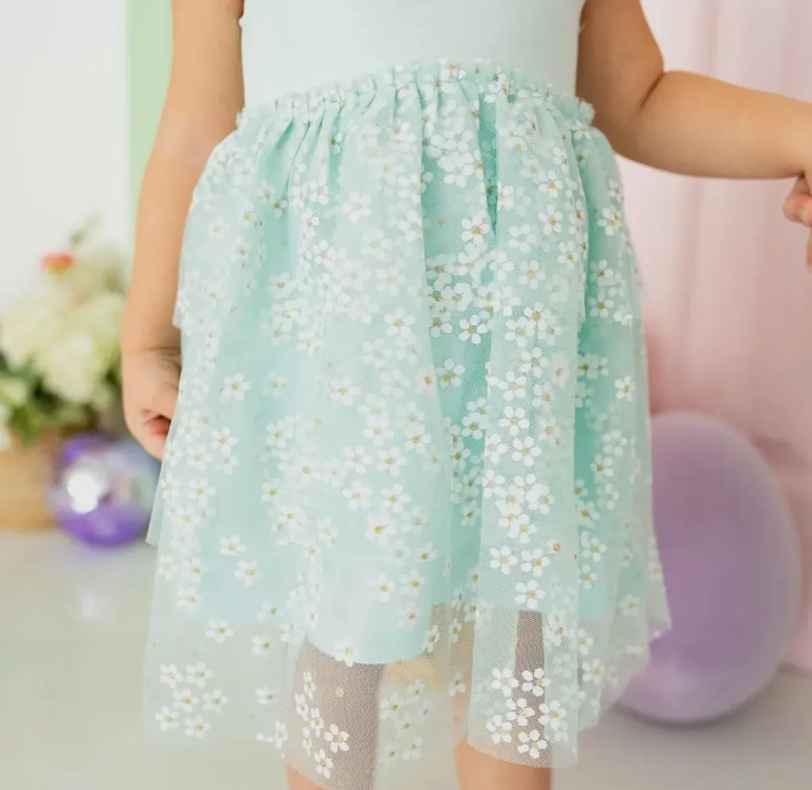 Aqua Ditsy Daisy Tiered Short Sleeve Tutu Dress