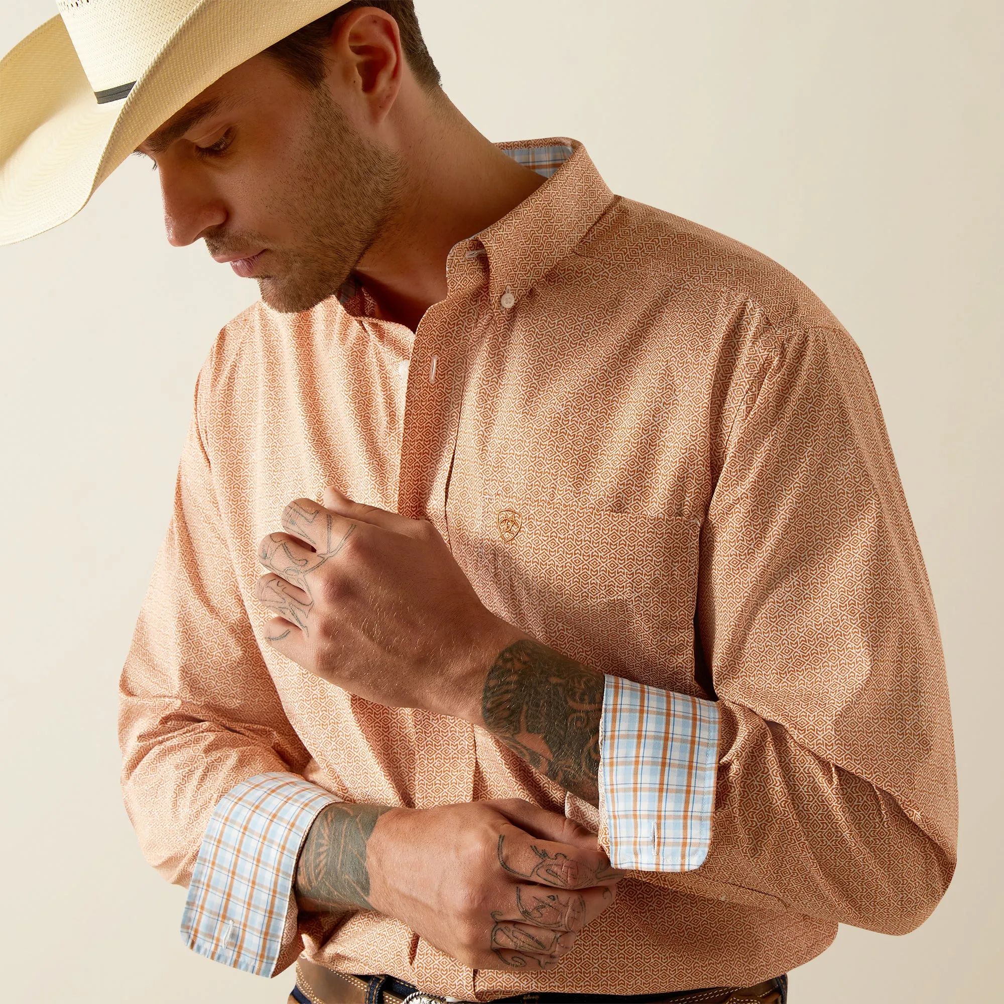 Ariat Brysen Orange Print Wrinkle Free Classic Fit Button-Down Shirt for Men