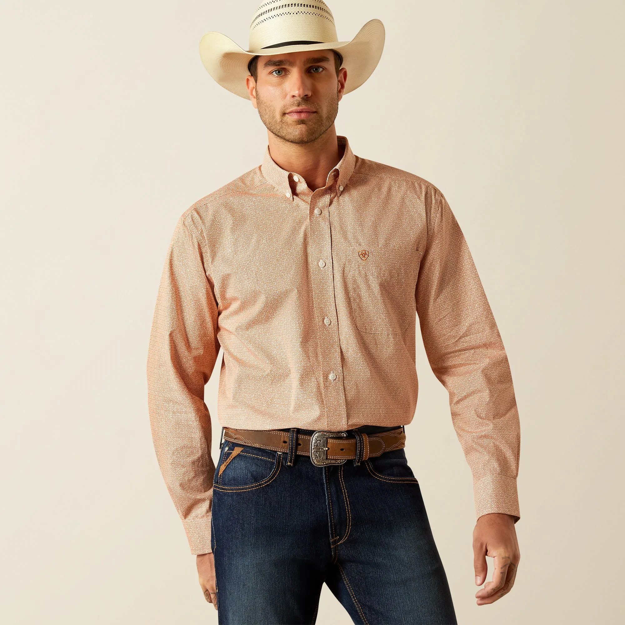 Ariat Brysen Orange Print Wrinkle Free Classic Fit Button-Down Shirt for Men