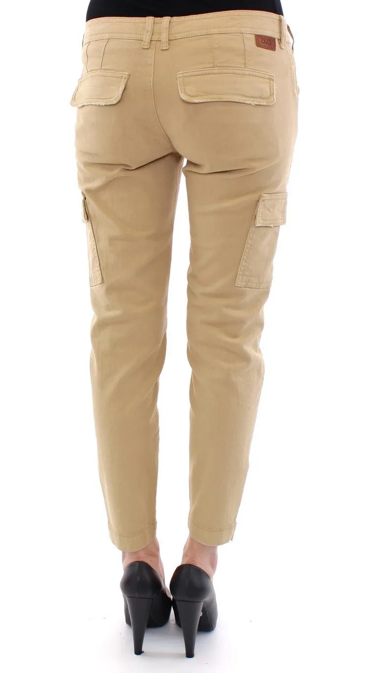 Beige Cotton Cargo Cropped Pants
