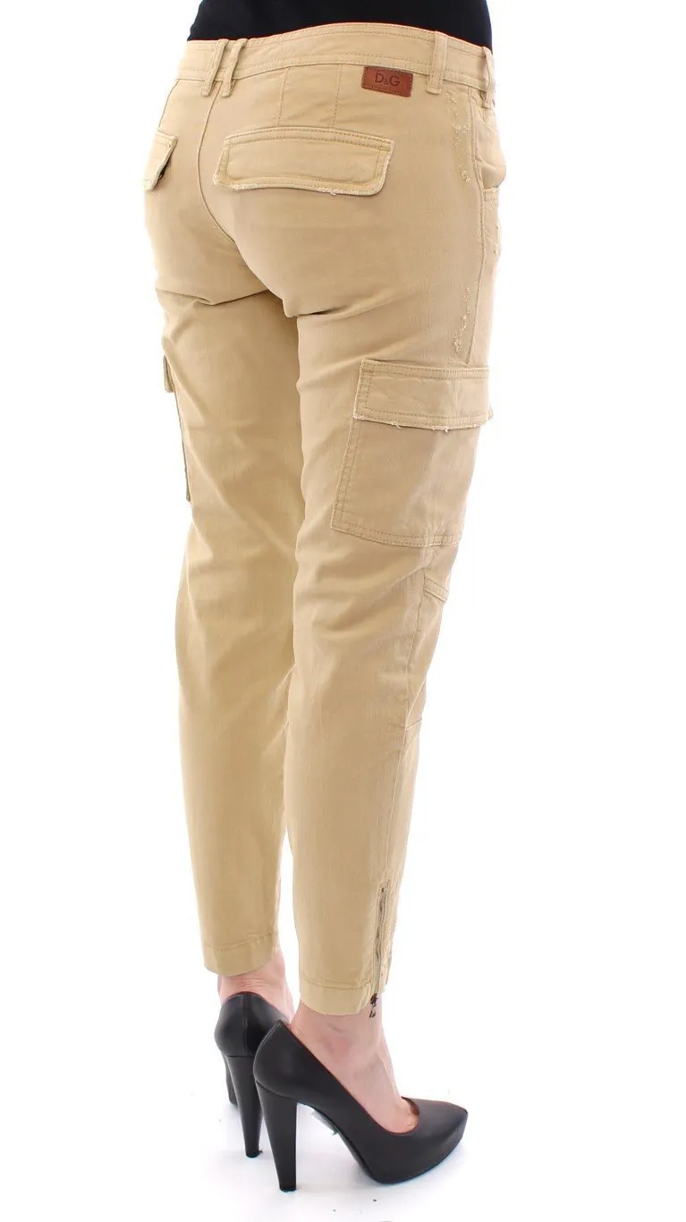 Beige Cotton Cargo Cropped Pants
