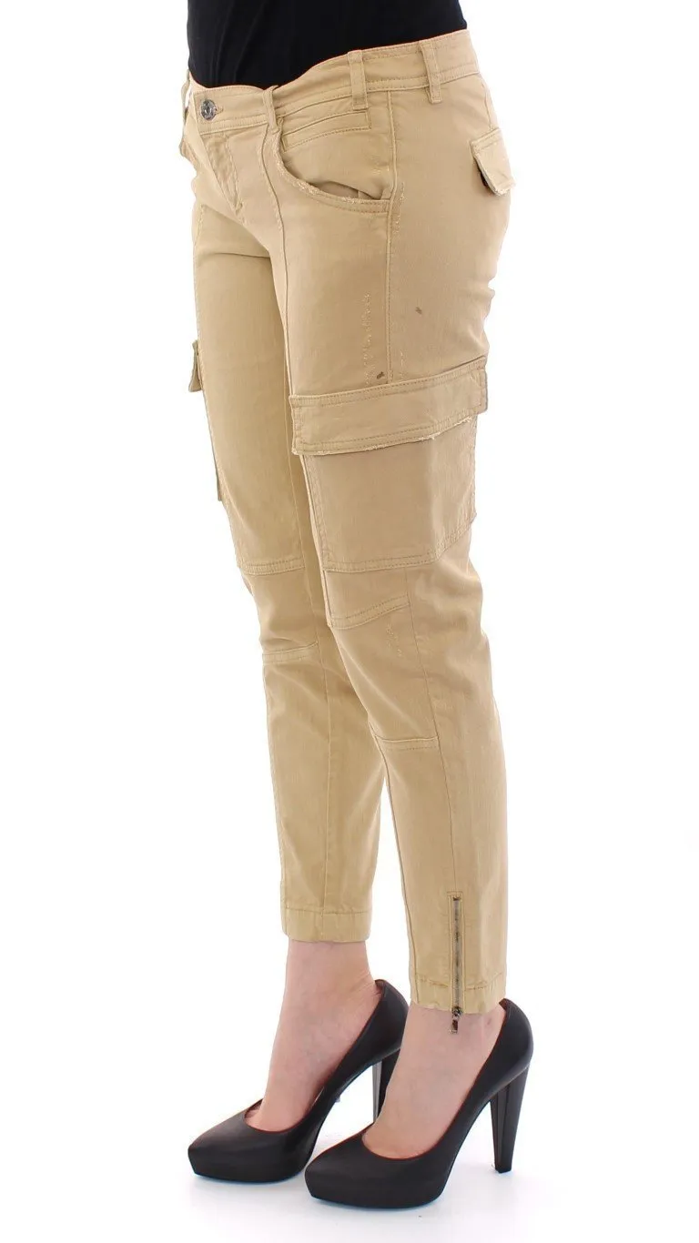 Beige Cotton Cargo Cropped Pants