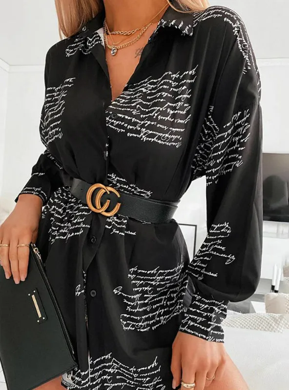 BerryBetty - Long Sleeve Letter Print Shirt Mini Dress