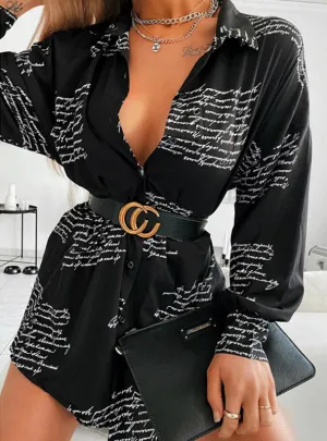BerryBetty - Long Sleeve Letter Print Shirt Mini Dress