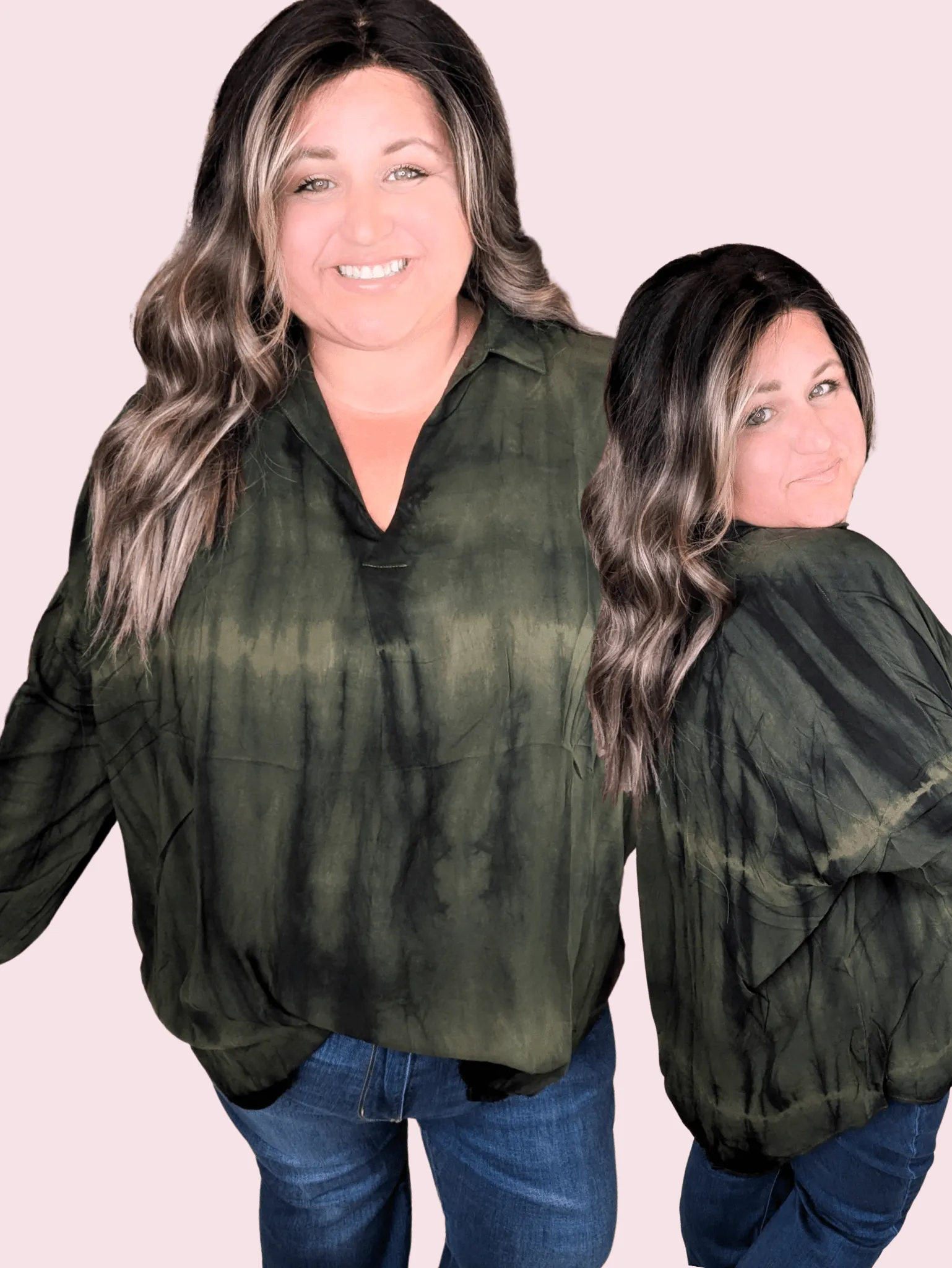 Beth Vneck Long Sleeve Top in Tiedye Olive   Black