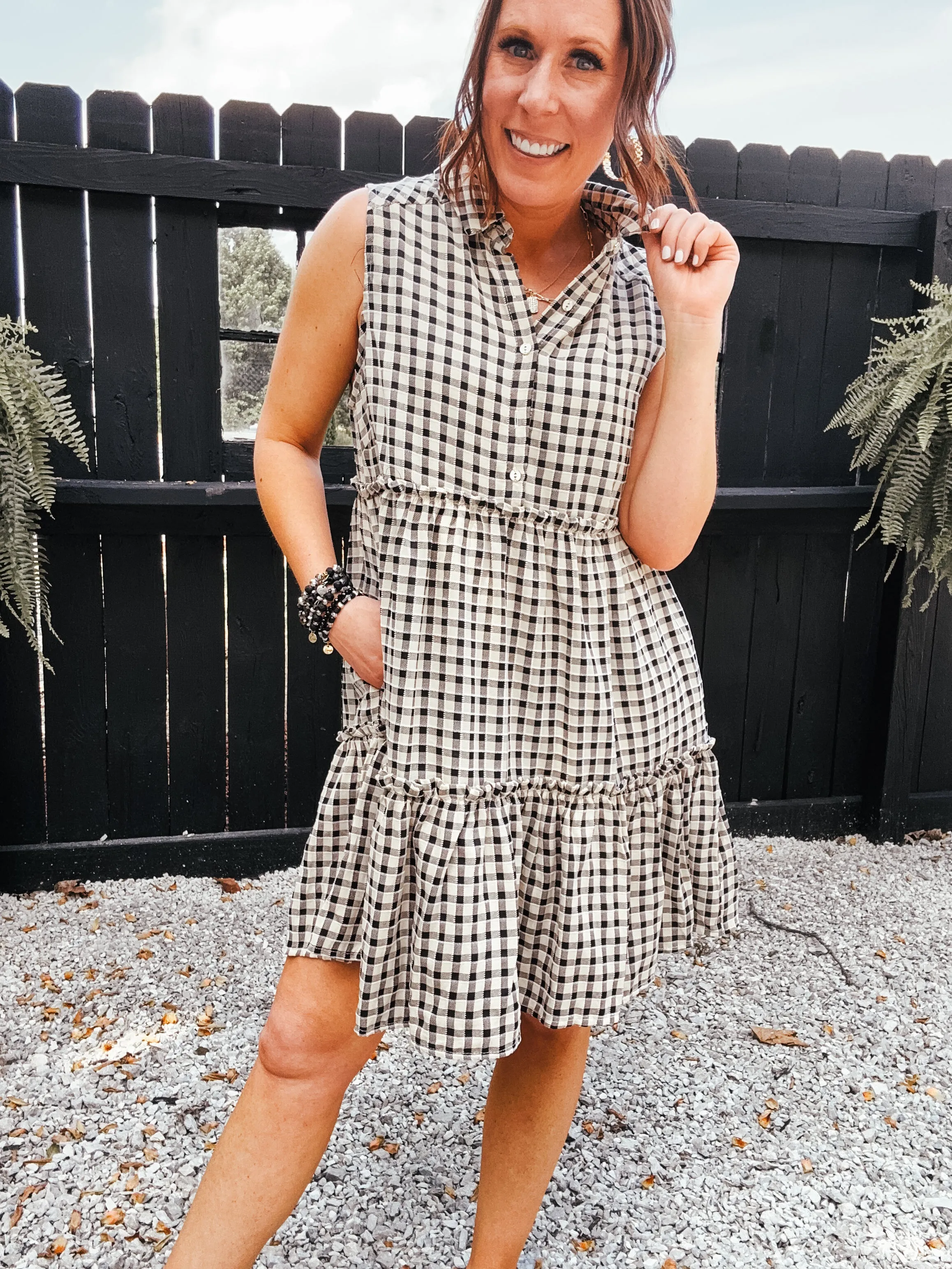Black & Taupe Gingham Plaid Tiered Dress