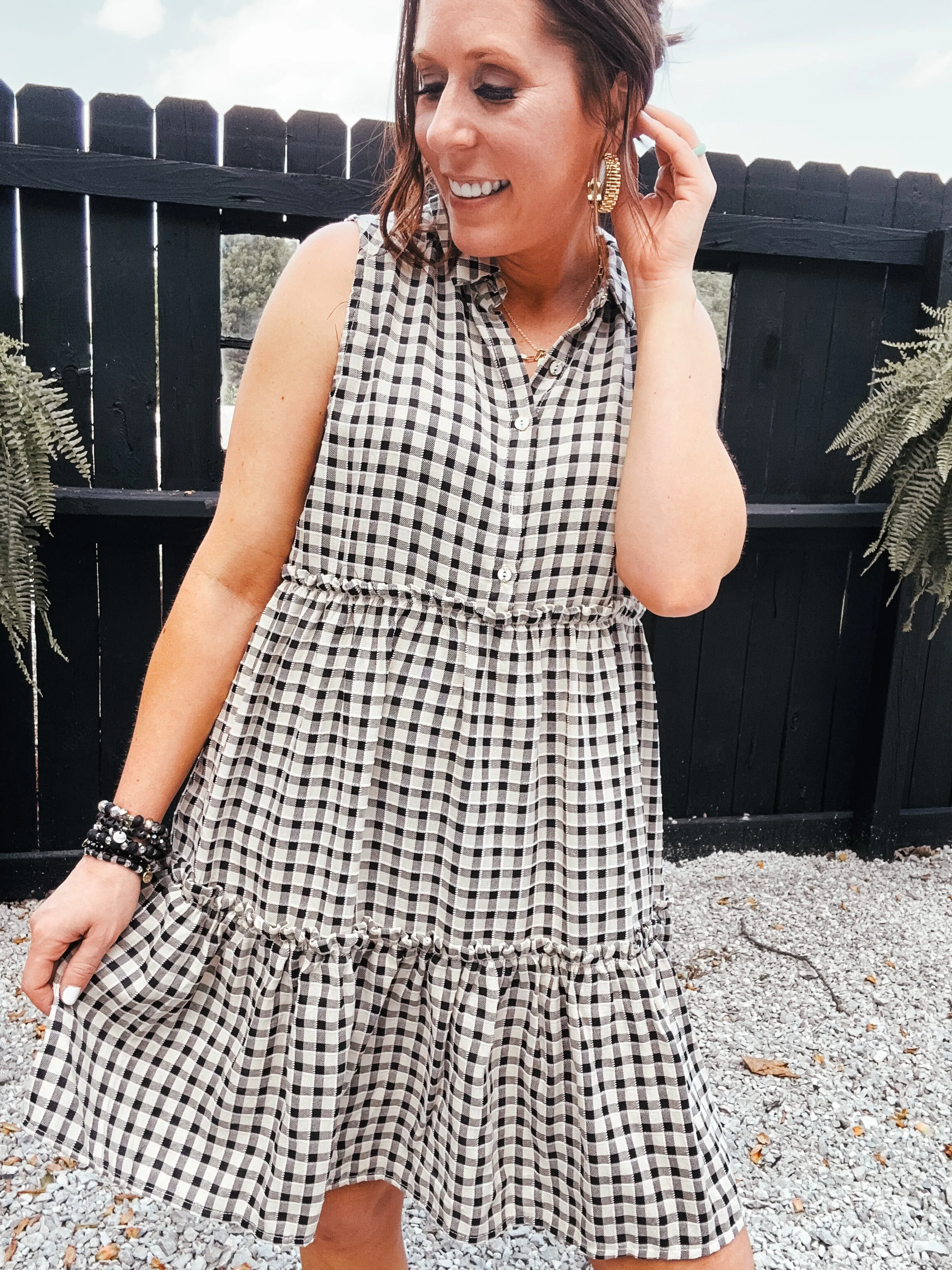 Black & Taupe Gingham Plaid Tiered Dress