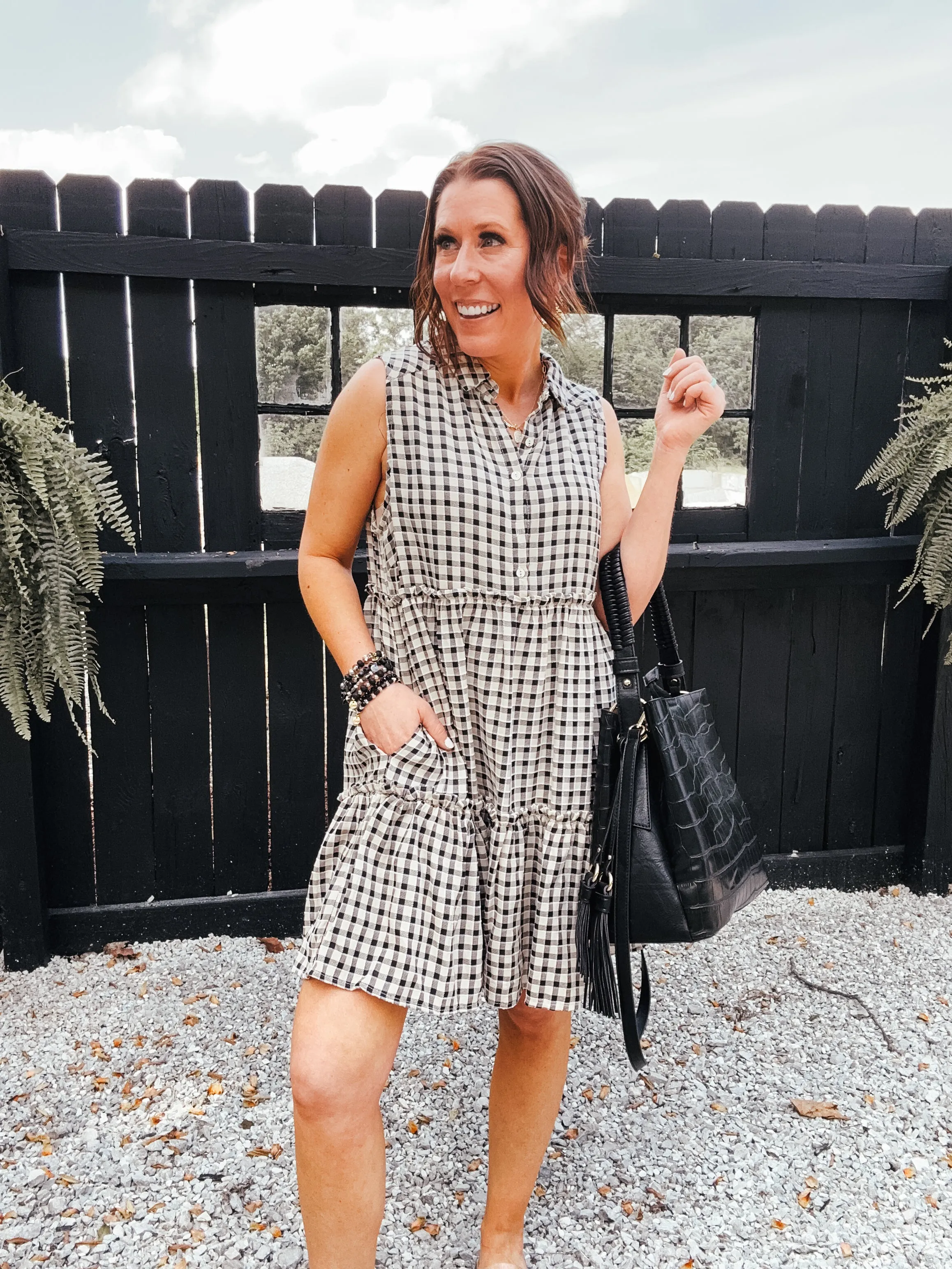 Black & Taupe Gingham Plaid Tiered Dress