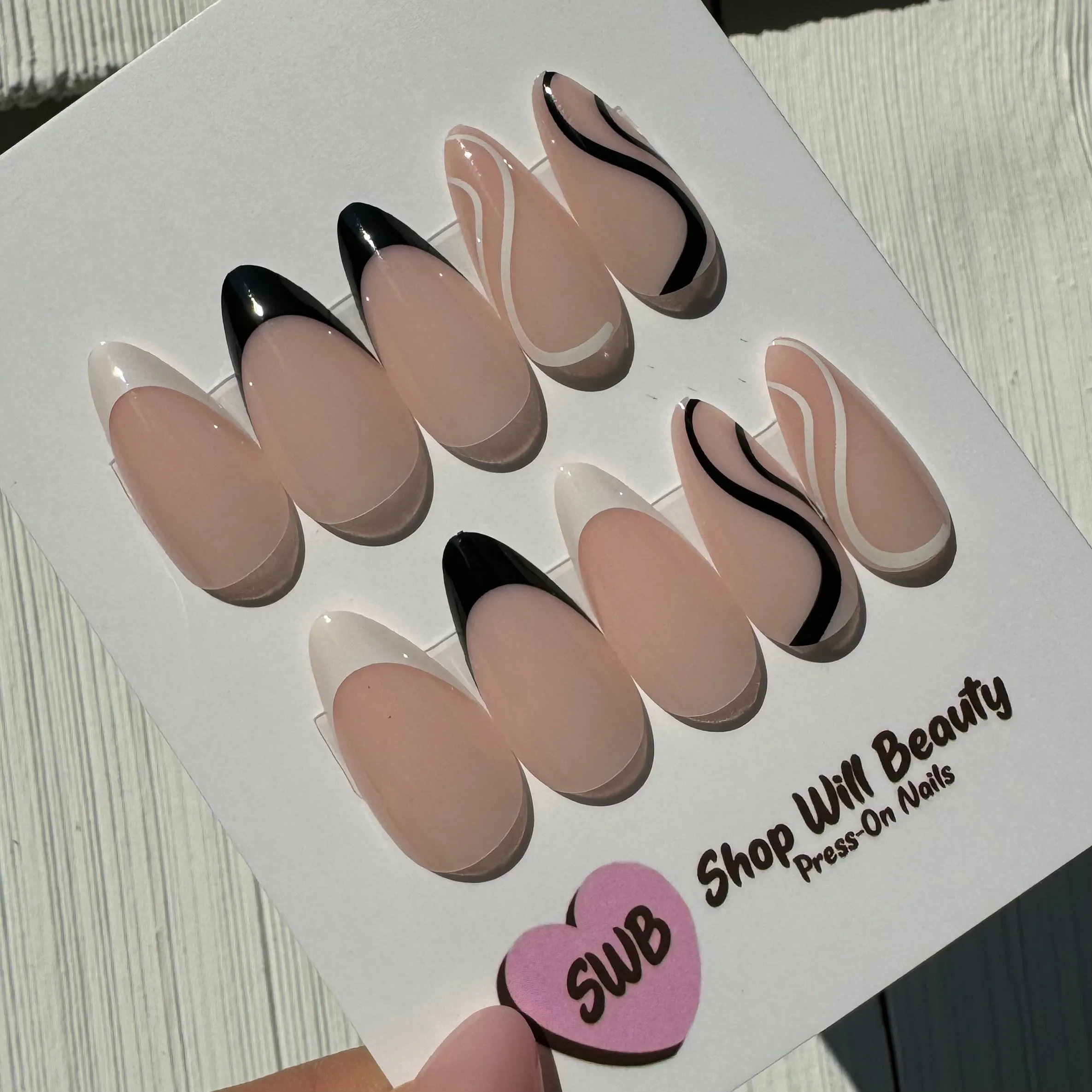 Black & White French Swirl Almond Press On Nails