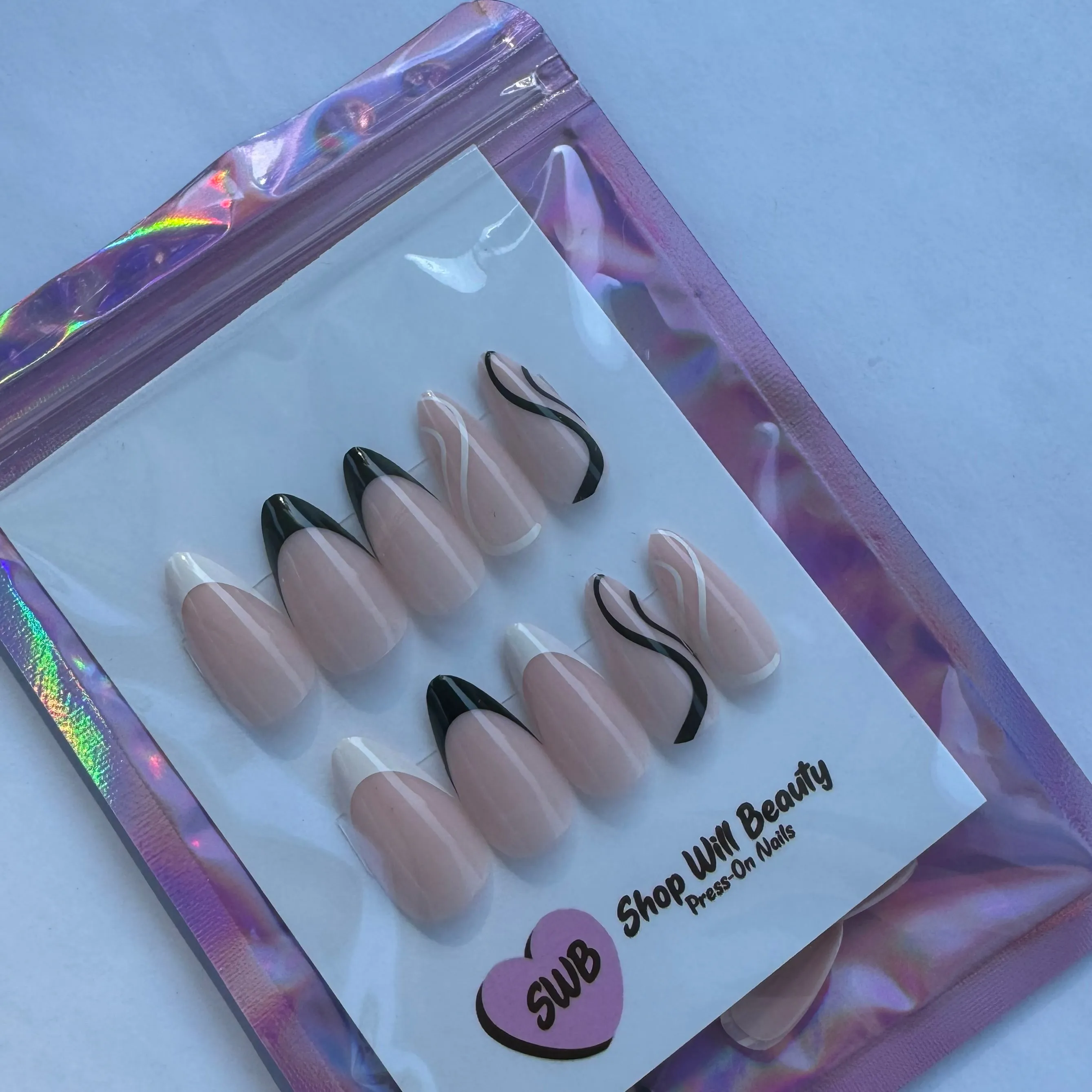 Black & White French Swirl Almond Press On Nails