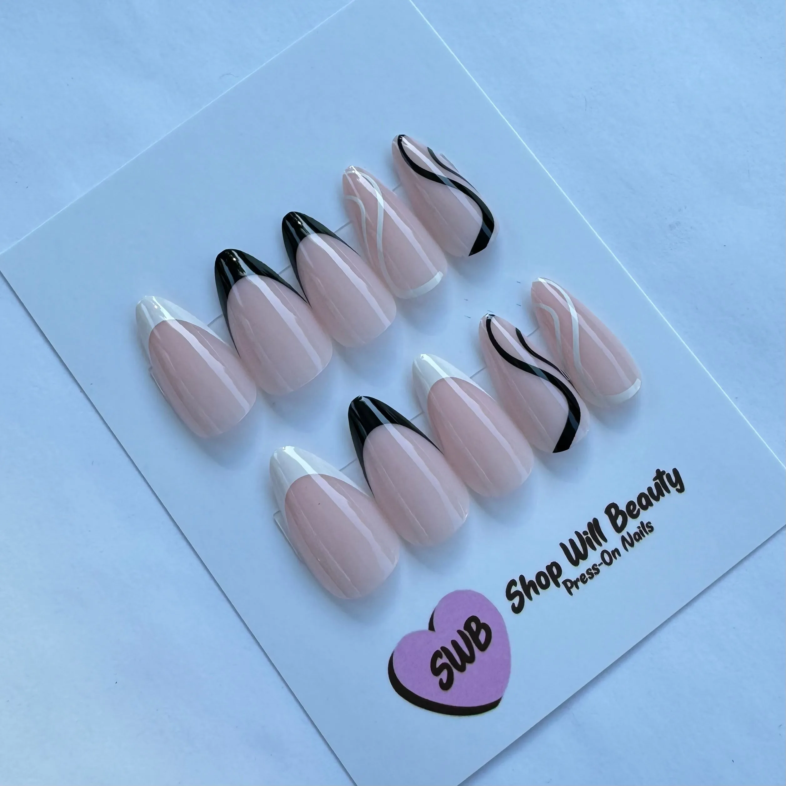 Black & White French Swirl Almond Press On Nails