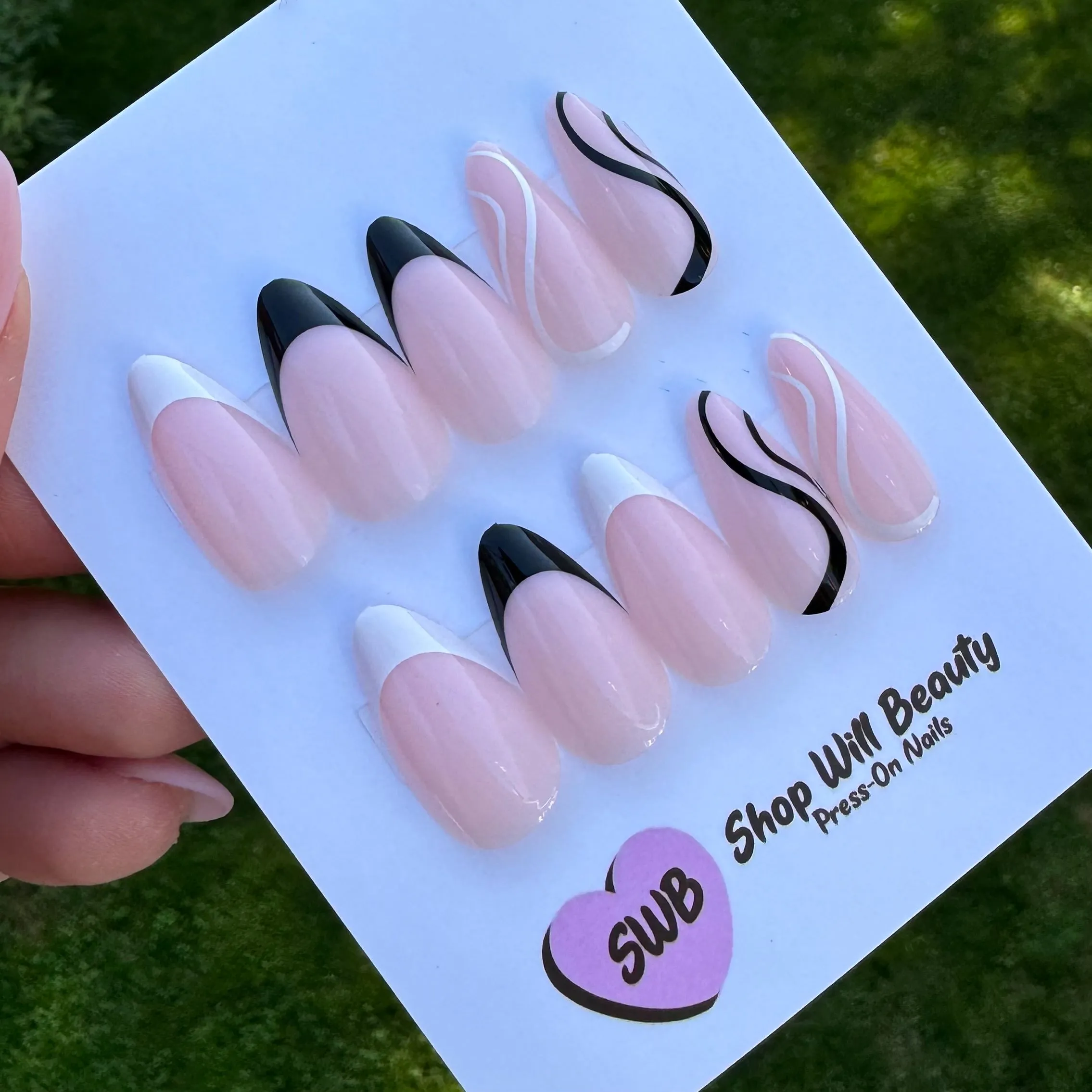 Black & White French Swirl Almond Press On Nails