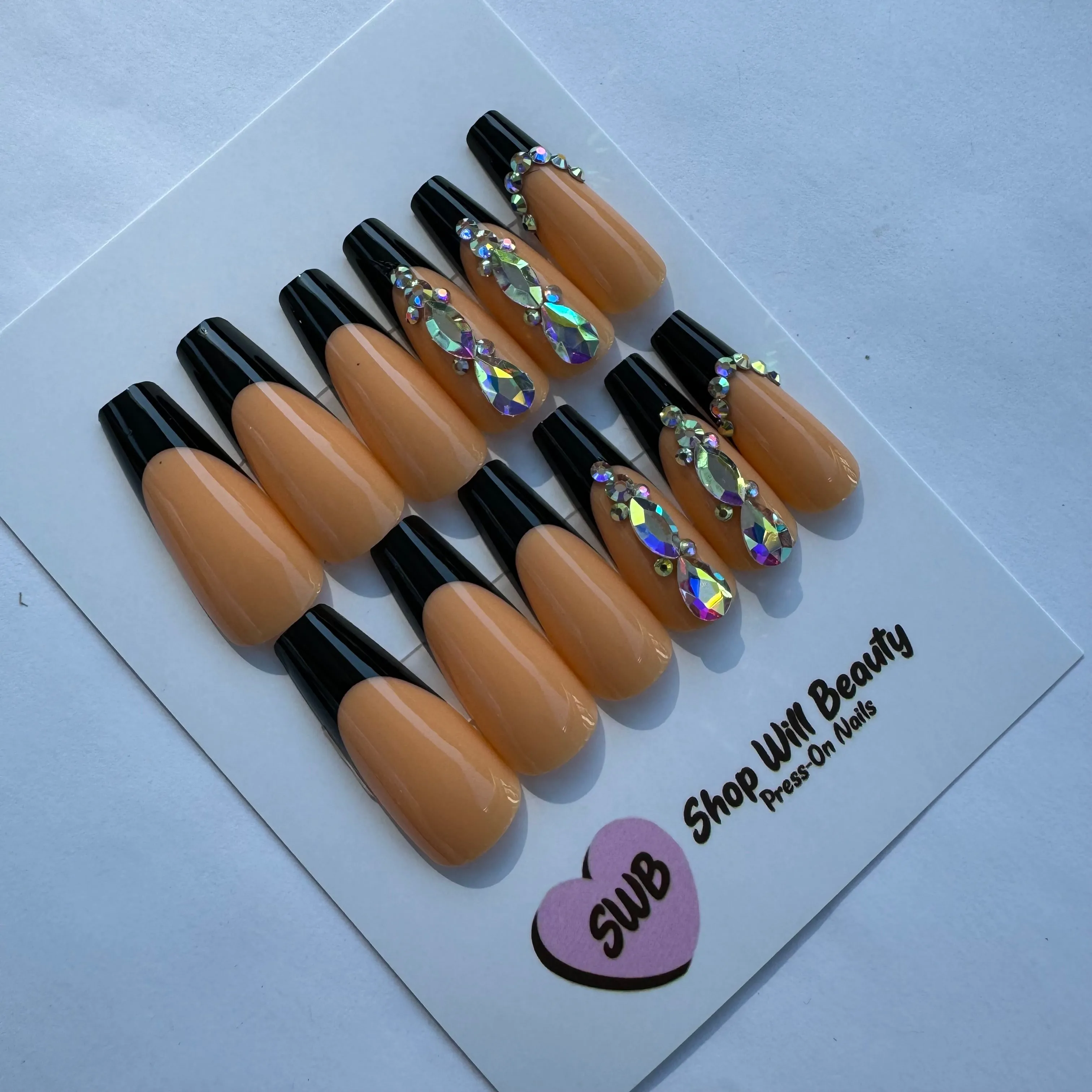 Black French Bling Coffin Press On Nails