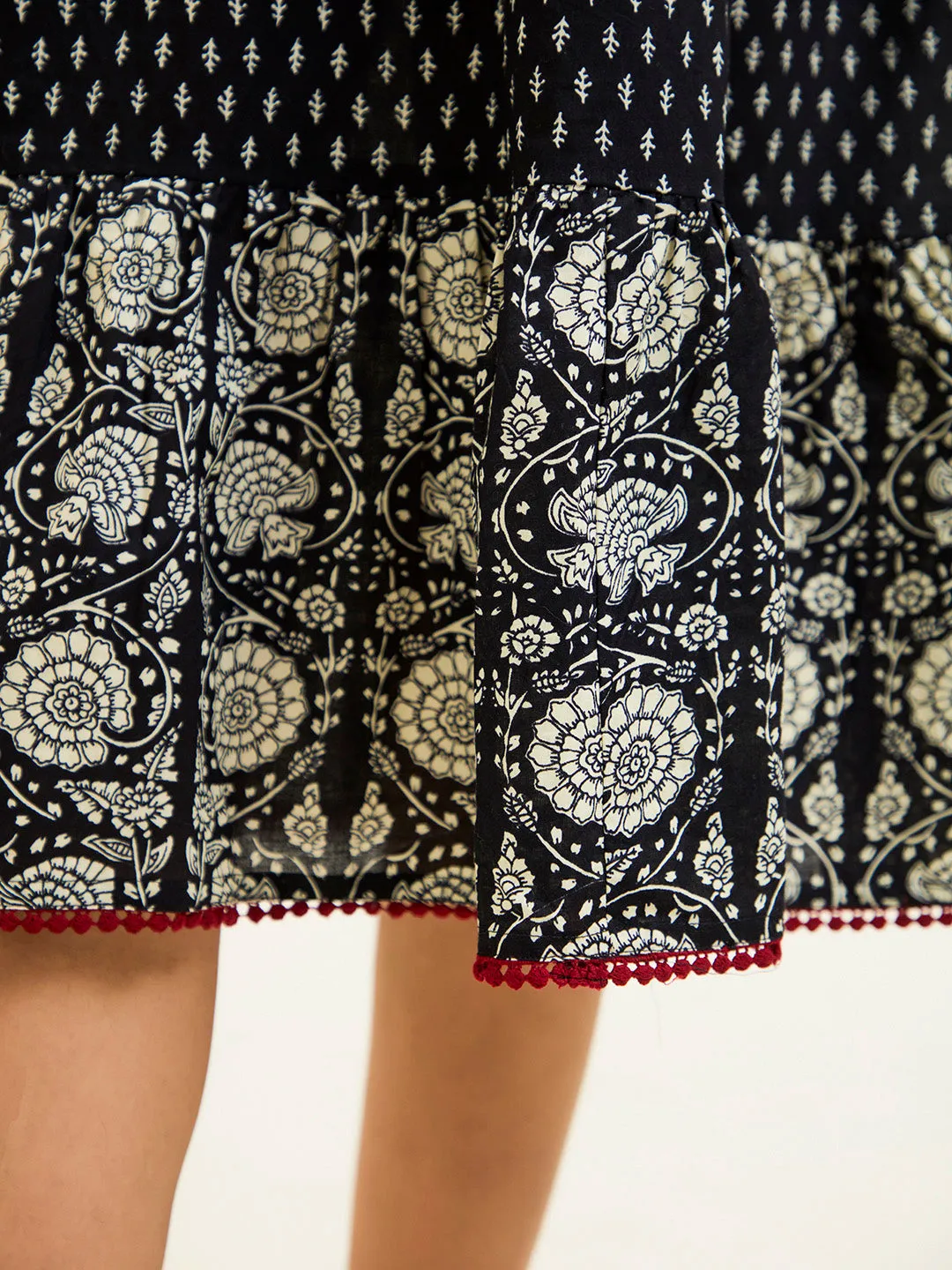 Black Handblock Printed Tiered Dress