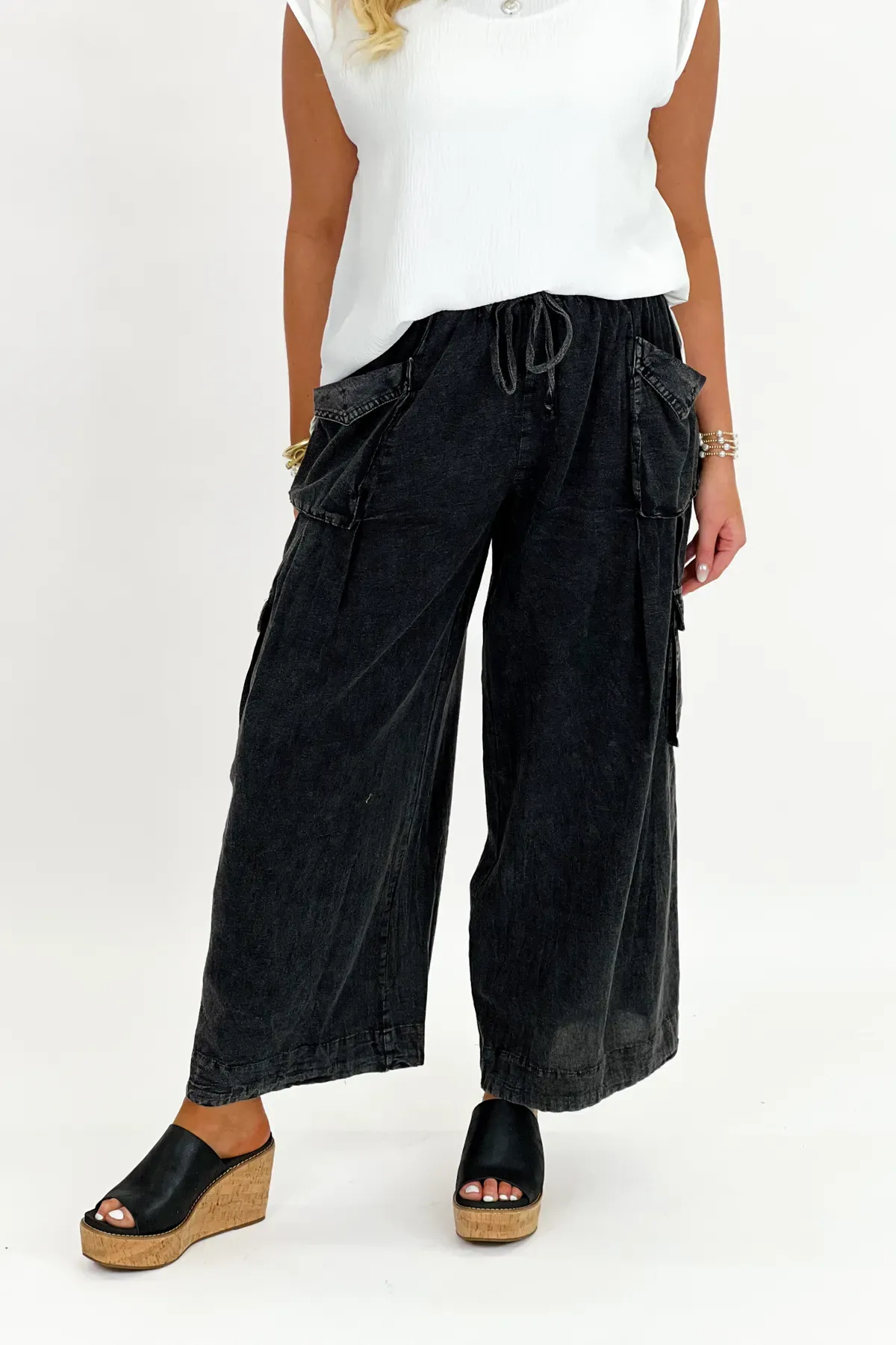 Black Washed Pocket Wide Leg Pants