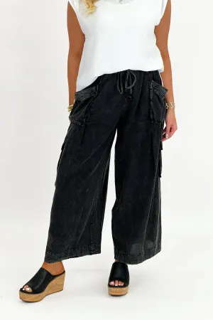 Black Washed Pocket Wide Leg Pants