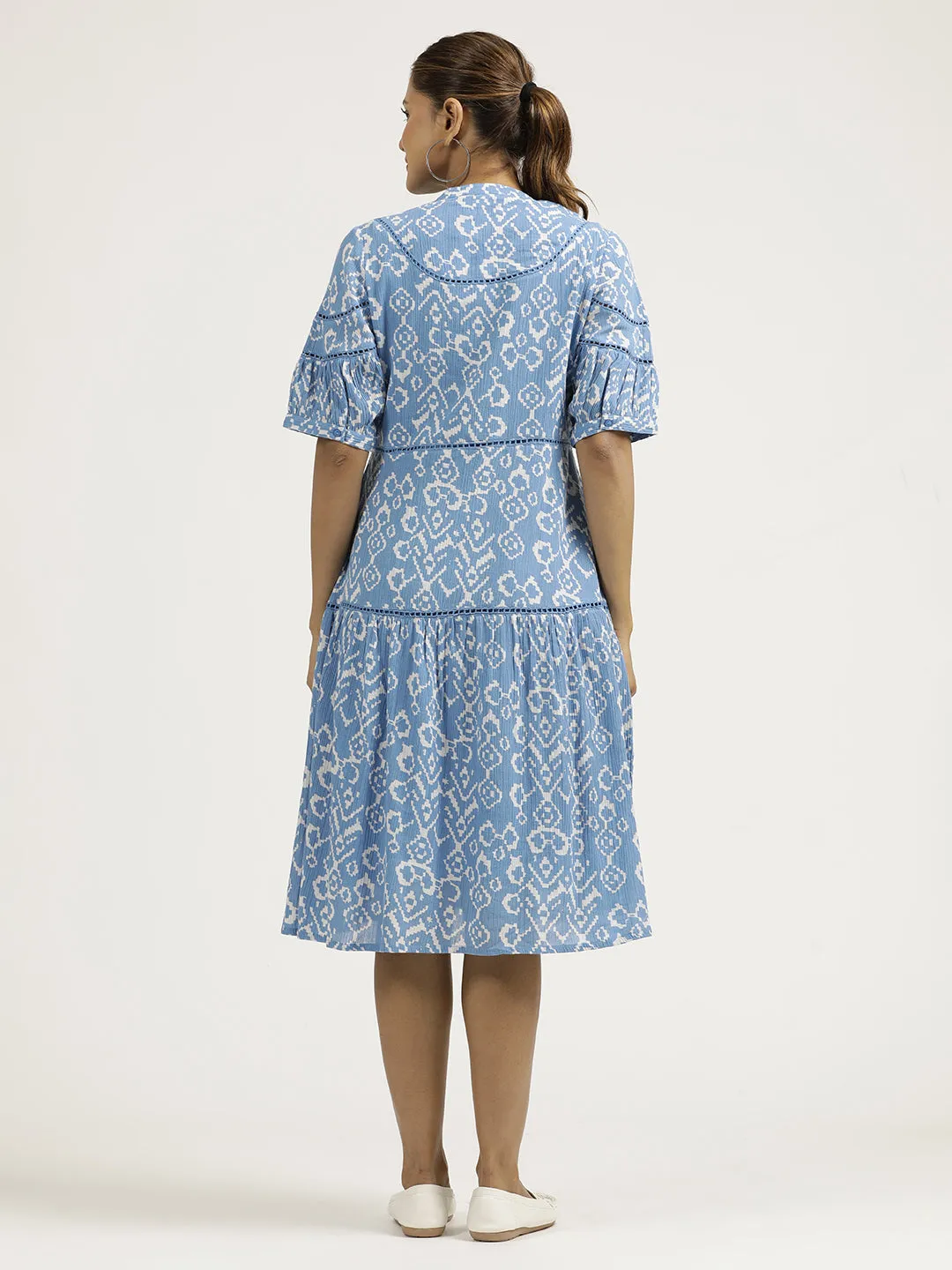 Blue Abstract Printed Cotton Tiered Dress
