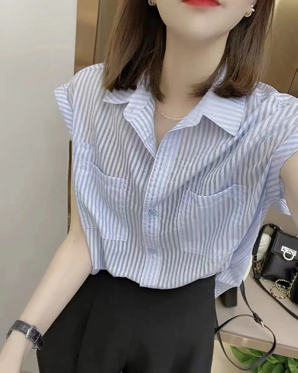 Blue Cap Sleeved Button Down Shirt