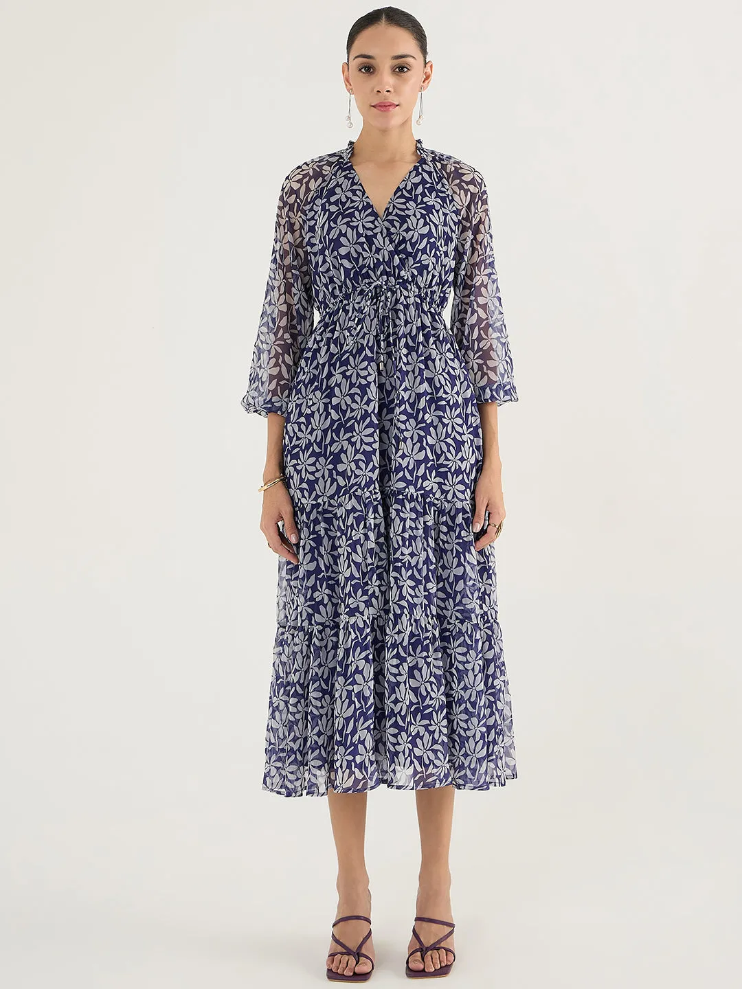 Blue Floral Print Tiered Maxi Dress
