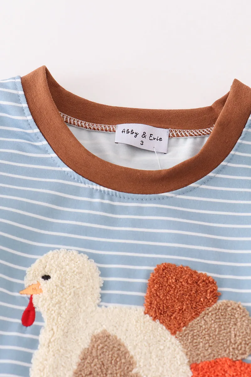 Blue Stripe Thanksgiving Turkey French Knot Boy Set