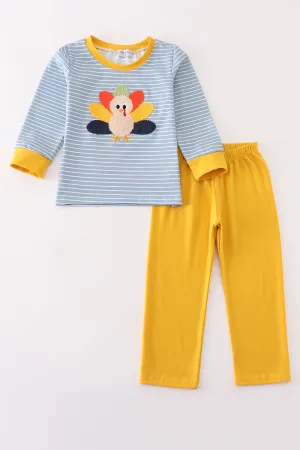 Blue Stripe Turkey French Knot Boy Set