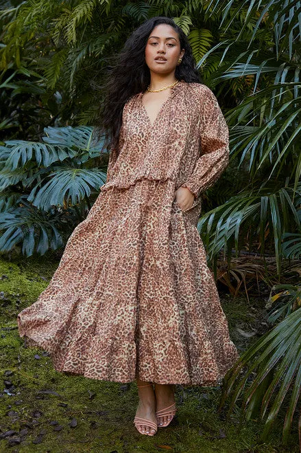 Bohemian Traders - Leopard Print Ruffle Neck Maxi Dress in Brown