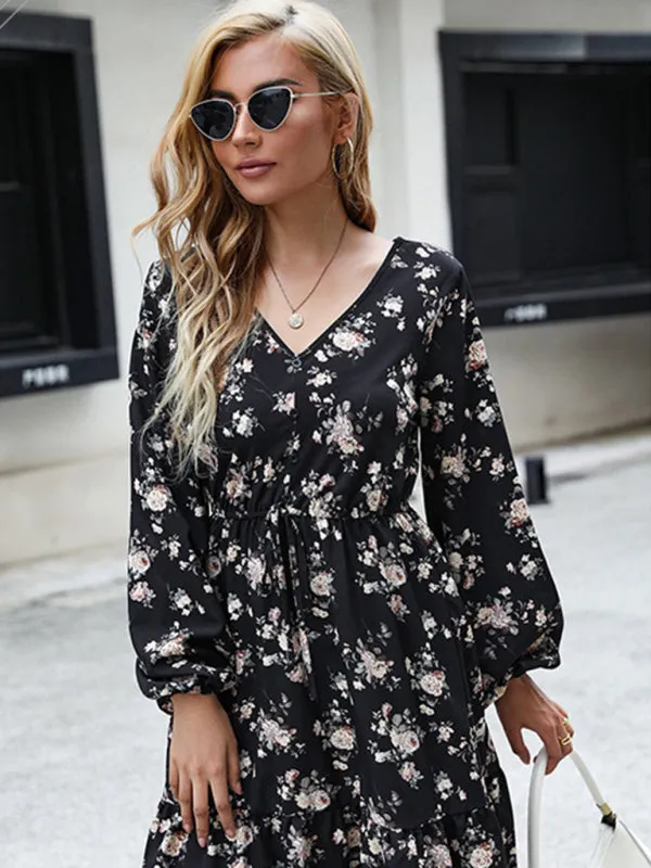 Boho Floral Print Long Sleeve Dress with V-Neck and Tiered Skirt