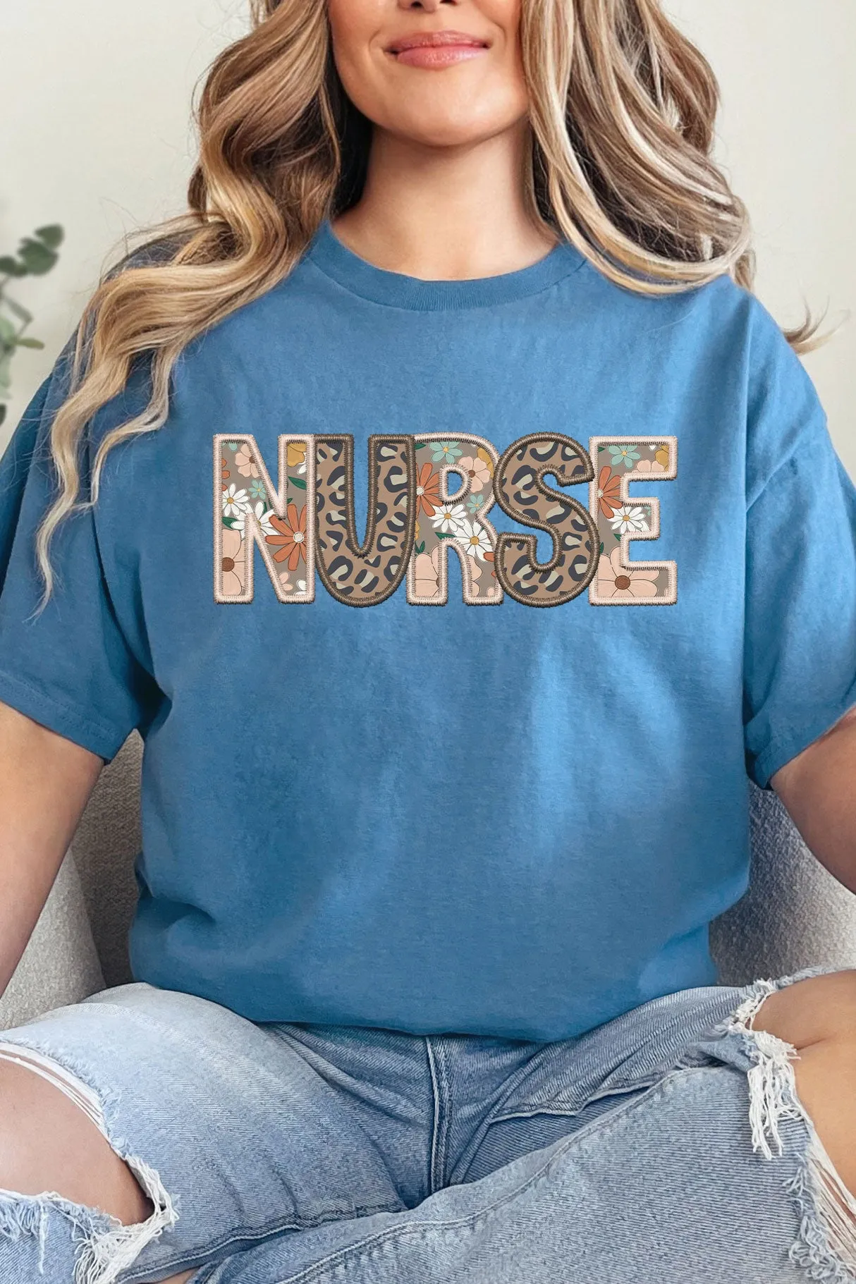 Boho Nurse Faux Embroidery Transfer Short Sleeve Relaxed Fit T-Shirt