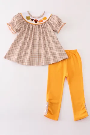 Brown Plaid Turkey French Knot Girl Set
