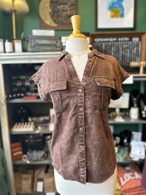 Brown Washed Linen Button Down Shirt