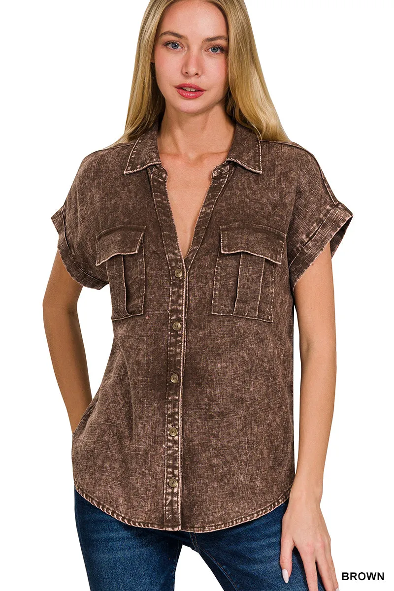 Brown Washed Linen Button Down Shirt