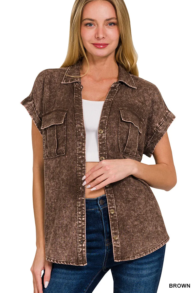 Brown Washed Linen Button Down Shirt