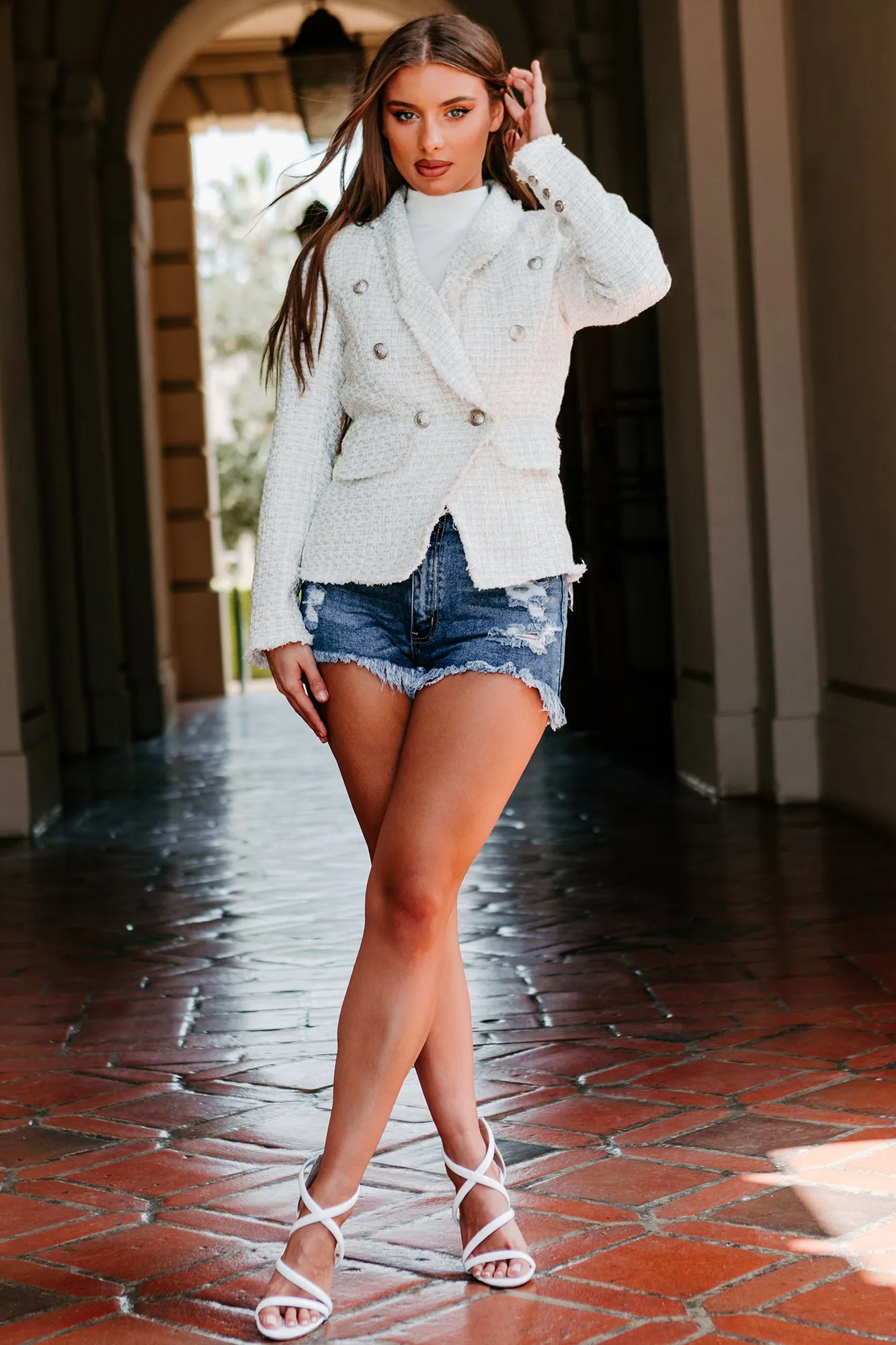 Business Mogul Tweed Blazer (Ivory/Silver)