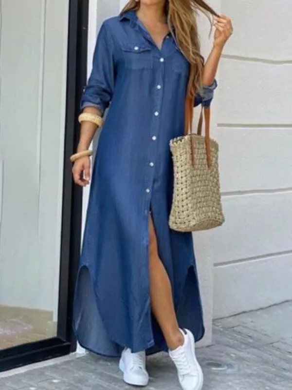 Button-Down Maxi Shirt Dress with High-Low Hemline