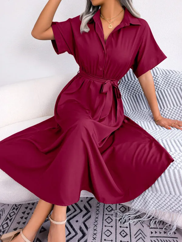 Button-Down Shirt Dress with Waist Tie and Collared Neckline