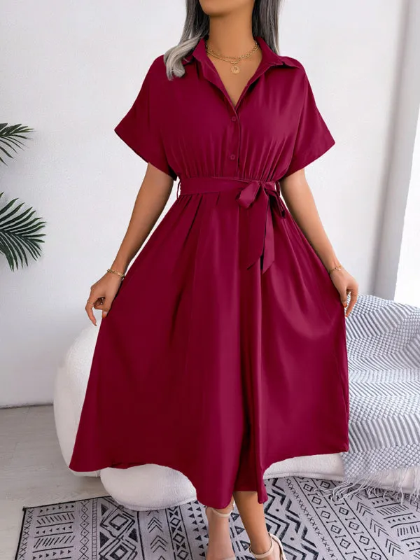 Button-Down Shirt Dress with Waist Tie and Collared Neckline