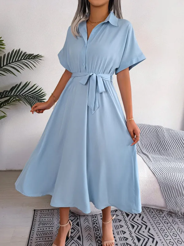 Button-Down Shirt Dress with Waist Tie and Collared Neckline