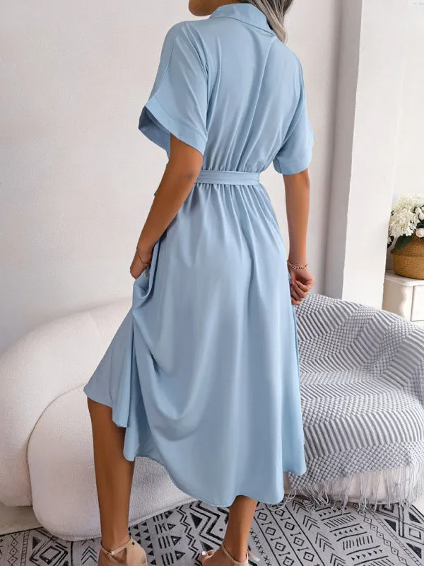 Button-Down Shirt Dress with Waist Tie and Collared Neckline