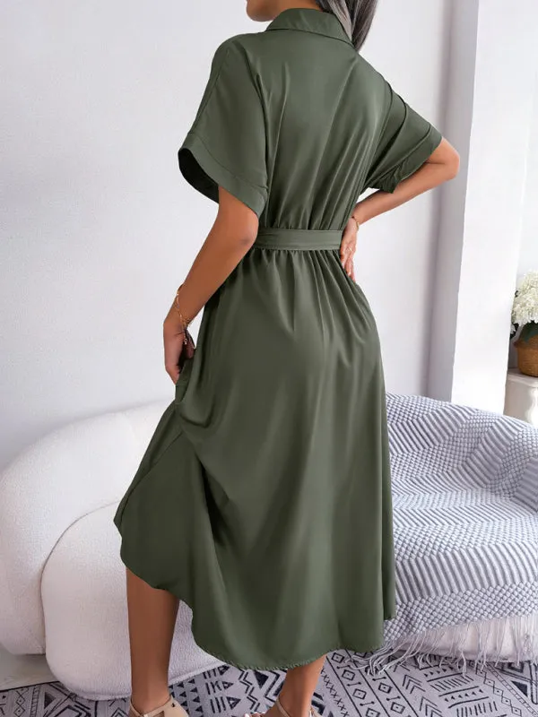 Button-Down Shirt Dress with Waist Tie and Collared Neckline