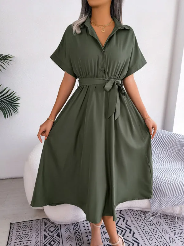 Button-Down Shirt Dress with Waist Tie and Collared Neckline