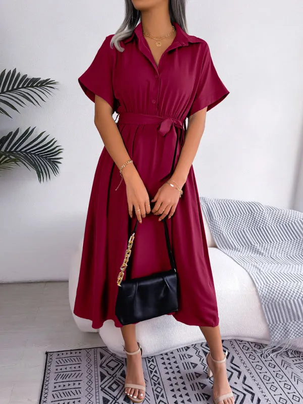 Button-Down Shirt Dress with Waist Tie and Collared Neckline